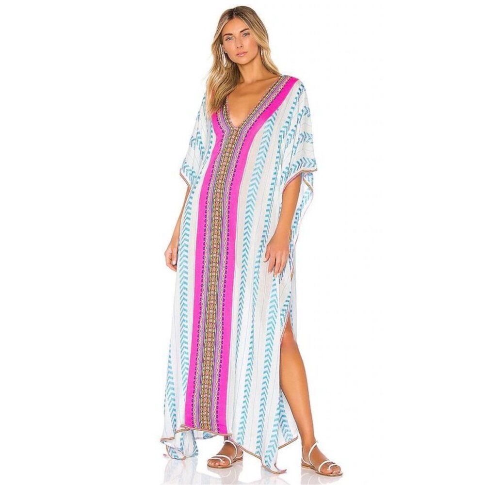 Pitusa Indian Thobe Chevron Maxi Kaftan Dress Beach Coverup Pink Blue Sz Petite